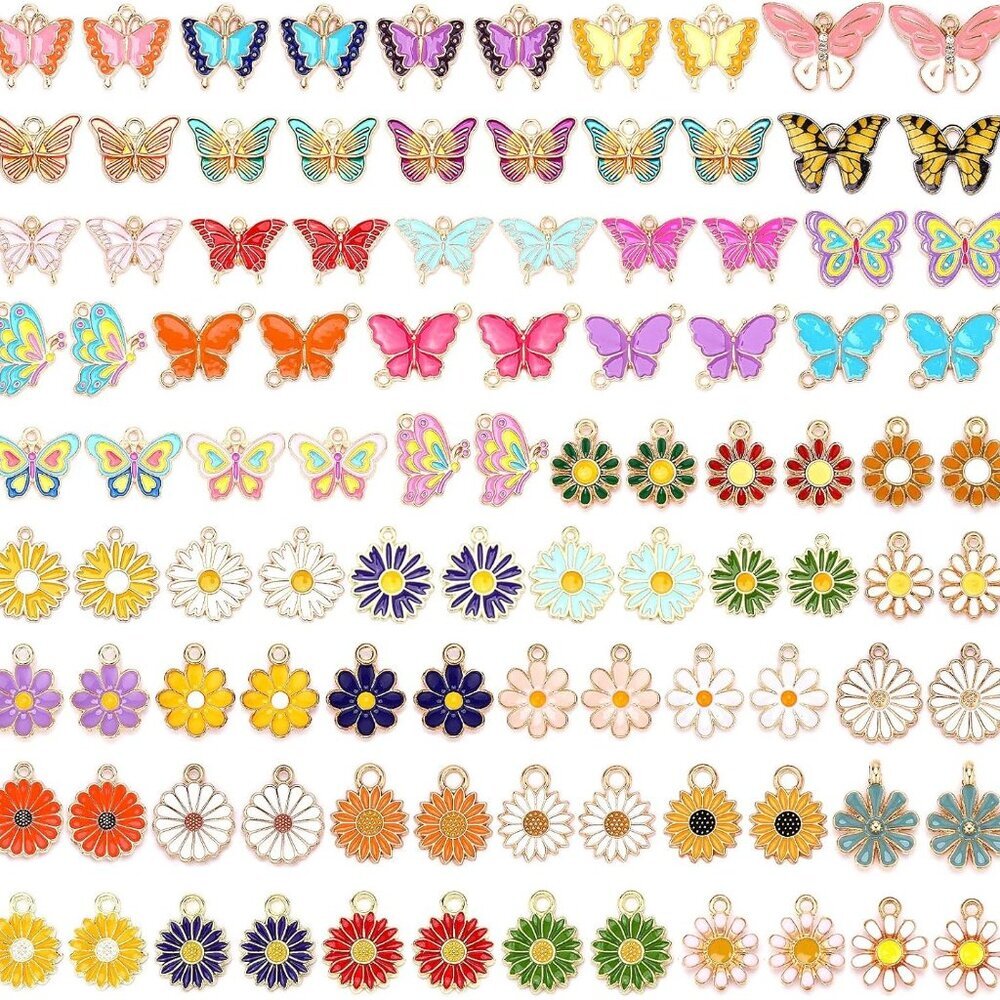 110Pcs/55 Pairs Mixed Flower Butterfly Charms for Jewelry Making, Assorted Gold